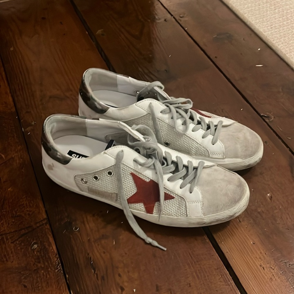 White leather silver mesh golden goose size 11